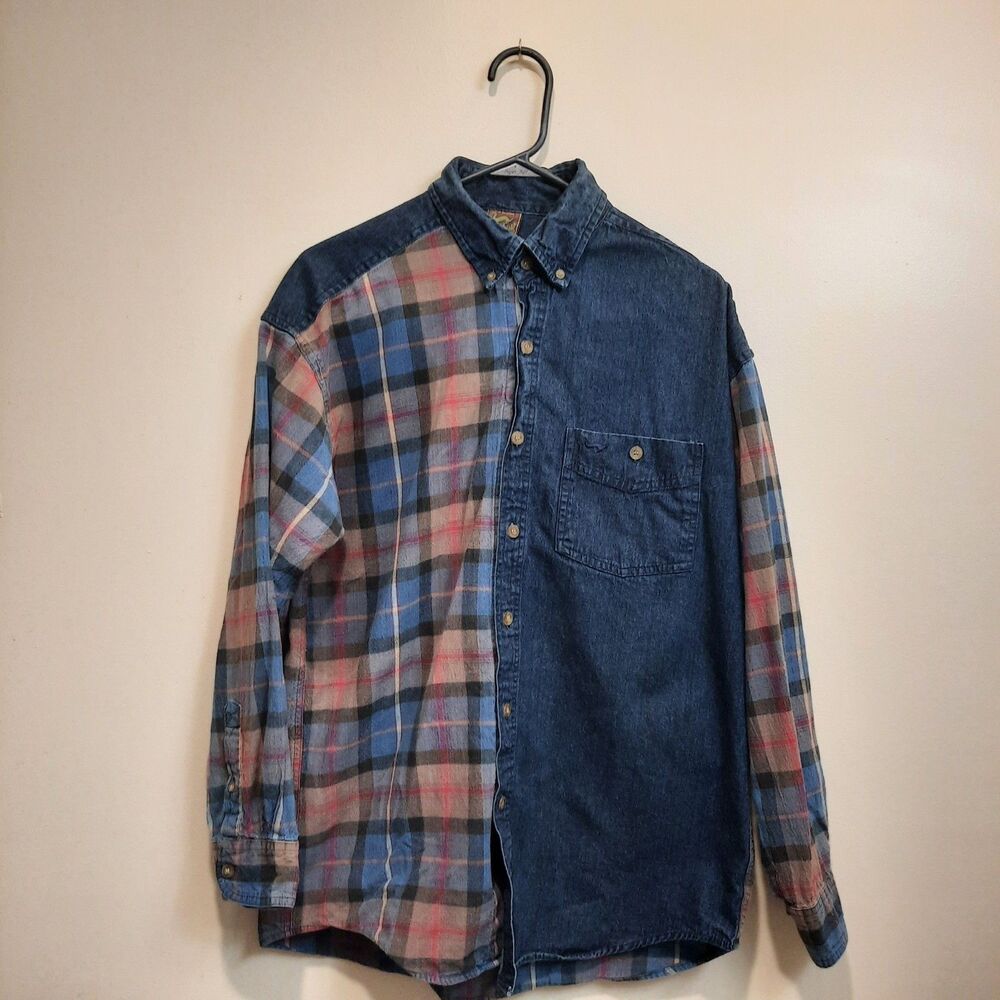 VTG Duxbak Men’s Medium Denim Plaid Patchwork Button Up Shirt Hunting Outdoor